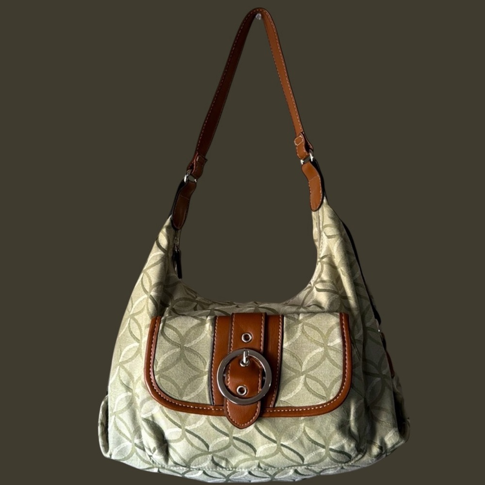 Vintage Style Retro Green Brown Shoulder Bag Geometric Pattern & Metal Accent